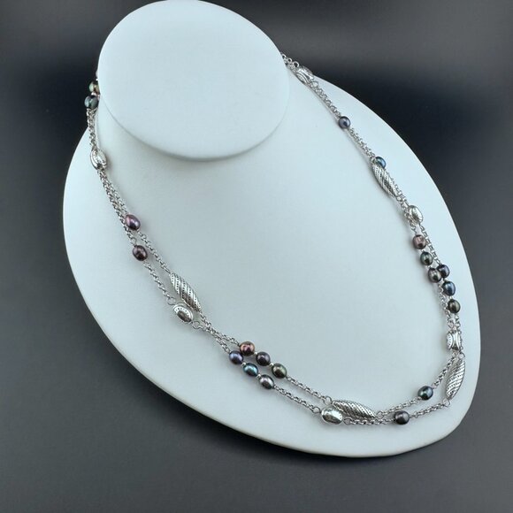 Brighton Peacock Pearl Silver Tone Long Link Beaded Necklace - Picture 6 of 7